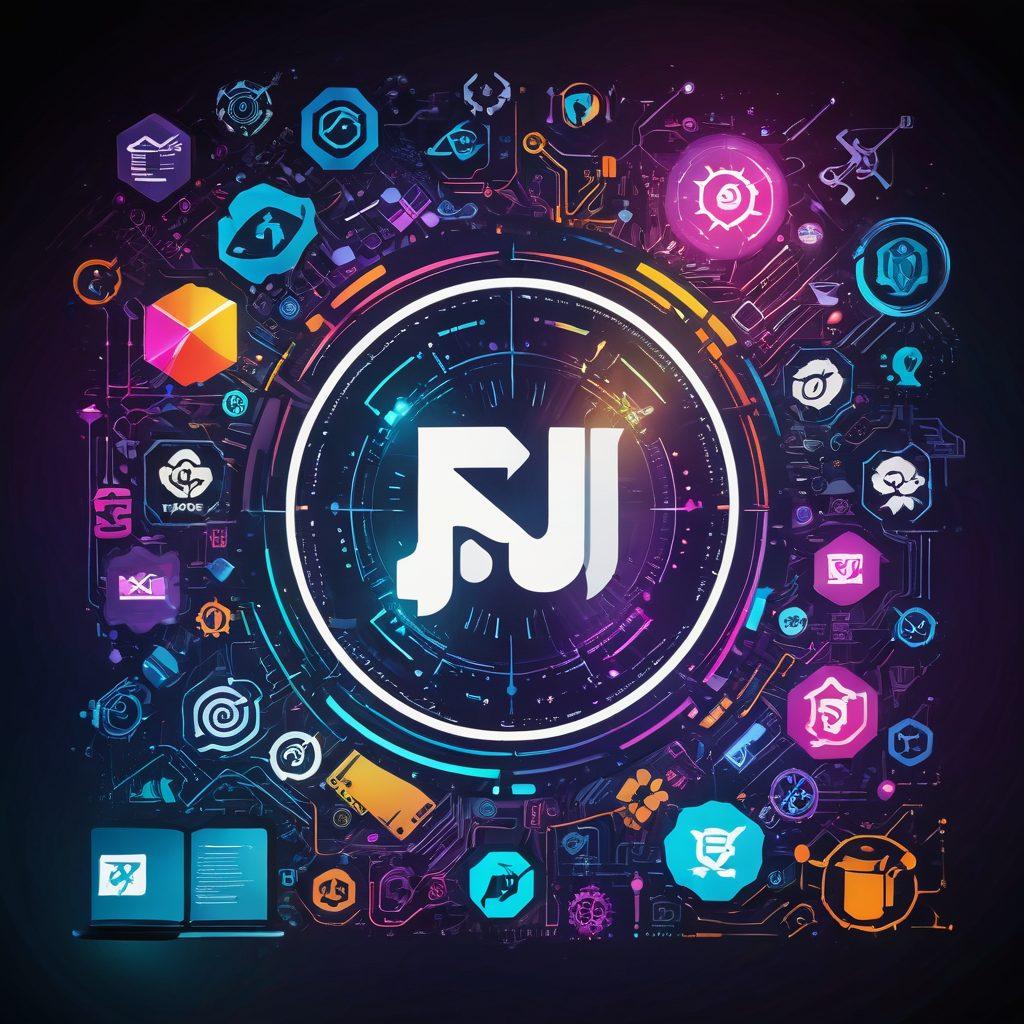 A dynamic collage showcasing the PJSEX logo at the center, surrounded by various tech tools like coding scripts, gear icons, and development charts. Incorporate a vibrant color palette with radiant beams of light symbolizing innovation and power, along with silhouettes of developers brainstorming. The background should depict a futuristic digital landscape to highlight technology and creativity. super-realistic. vibrant colors. 3D.